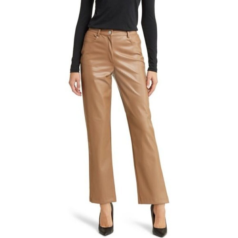 New Halogen Faux Leather Vegan Straight Leg Ankle Pants Chocolate Brown Sz 10